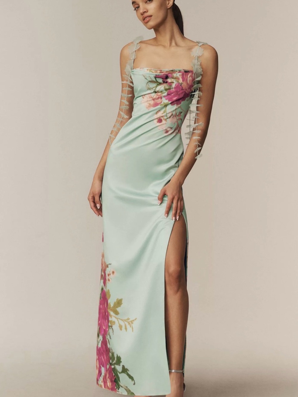 Anthropologie Mint Green Floral Satin Maxi Dress with Side Slit